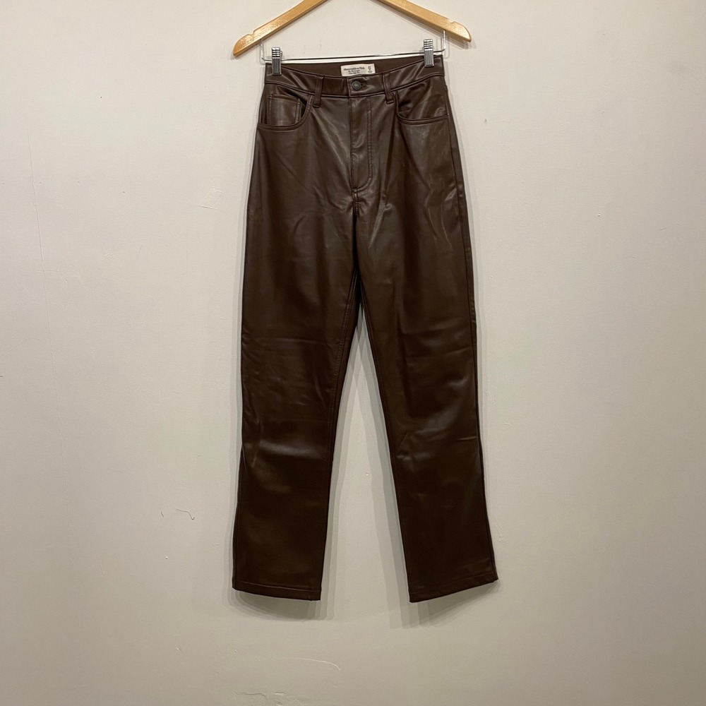 Abercrombie & Fitch The 90s Straight Ultra High Rise Vegan Leather Pants Brown 4